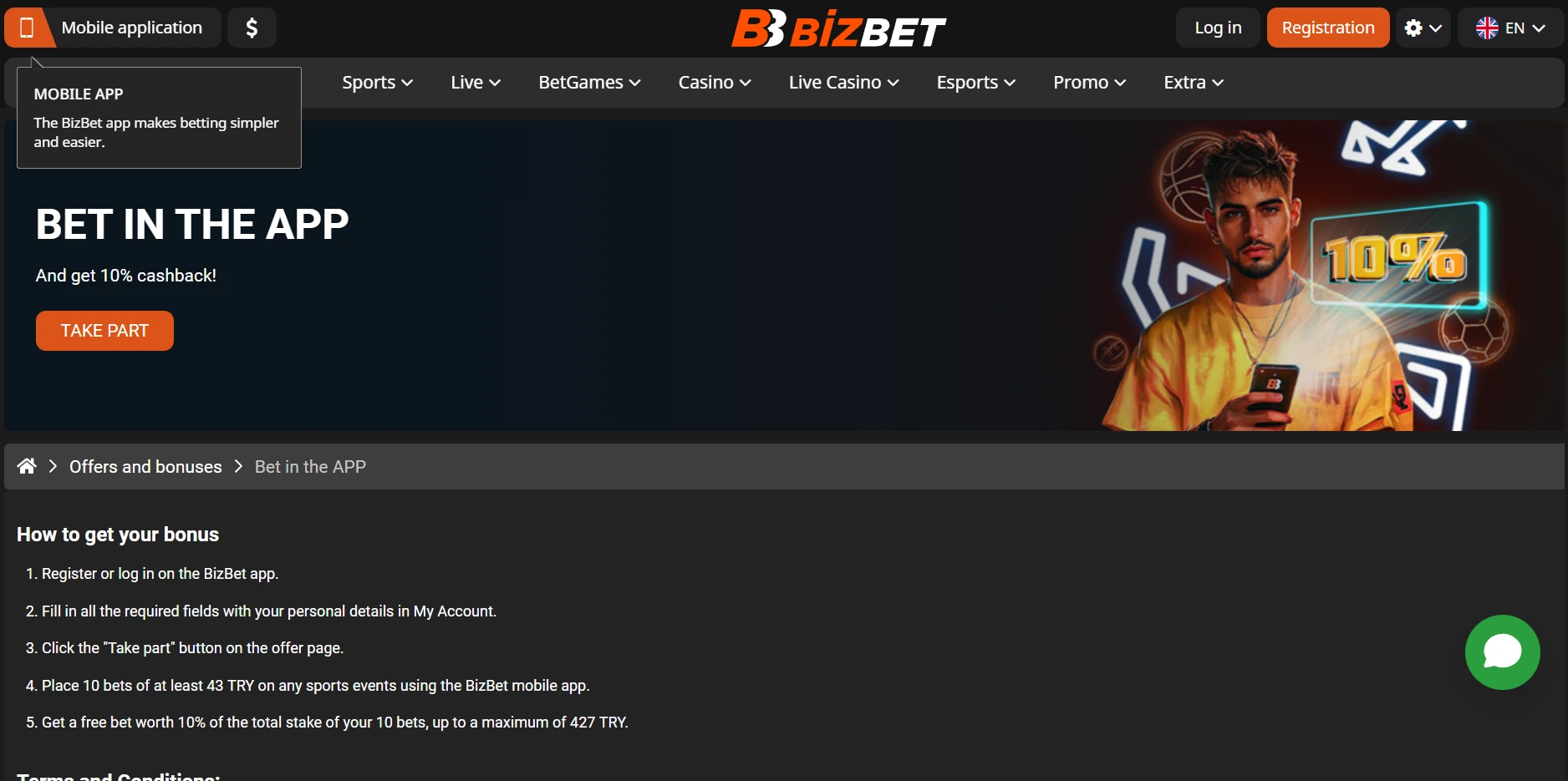  10% Cashback promo details without Bizbet discount code