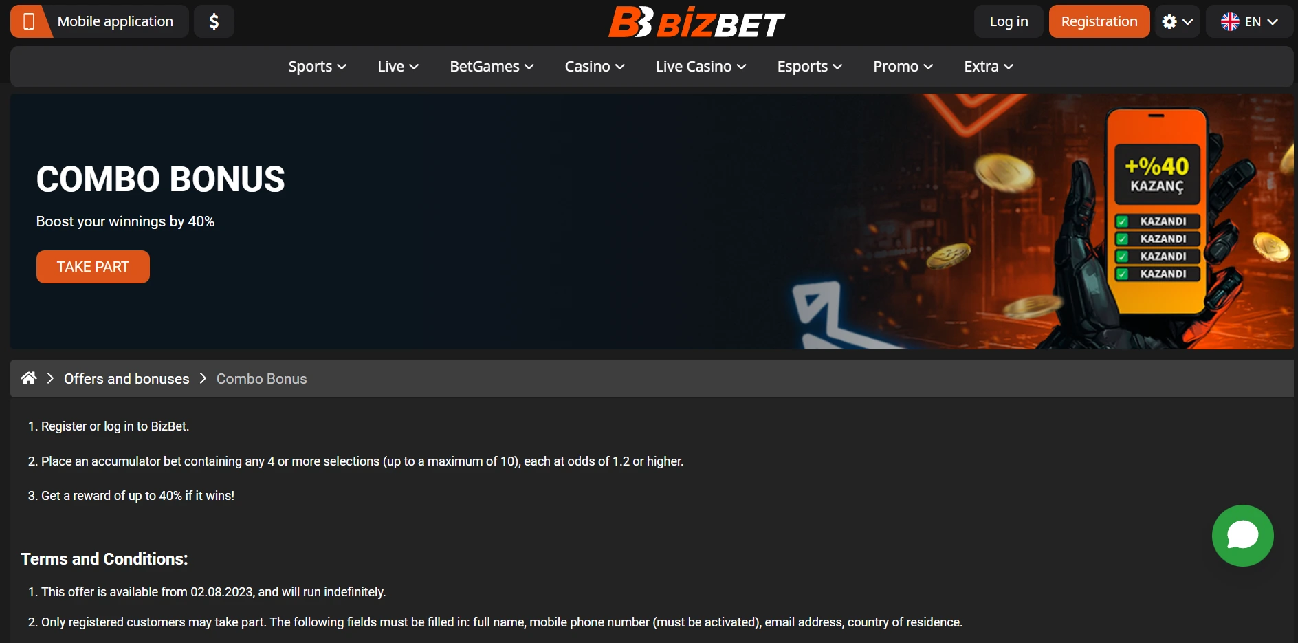 40% combo bonus without Bizbet promo code